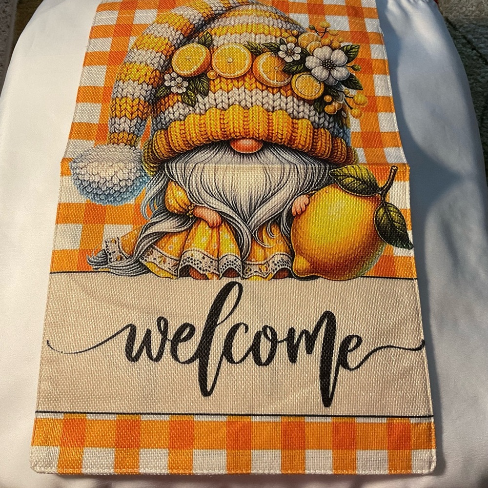 Orange & Yellow Gnome with Lemons Welcome Garden Flag